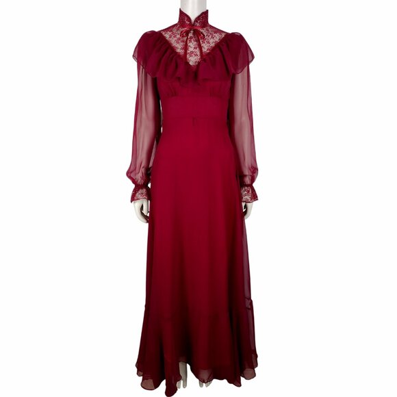 Vintage 1970s Cranberry Poly Chiffon Long Sleeve Victorian Maxi Dress Size XS Vintage 1970s Cranberry Poly Chiffon Long Sleeve Victorian Maxi Dress Size XS